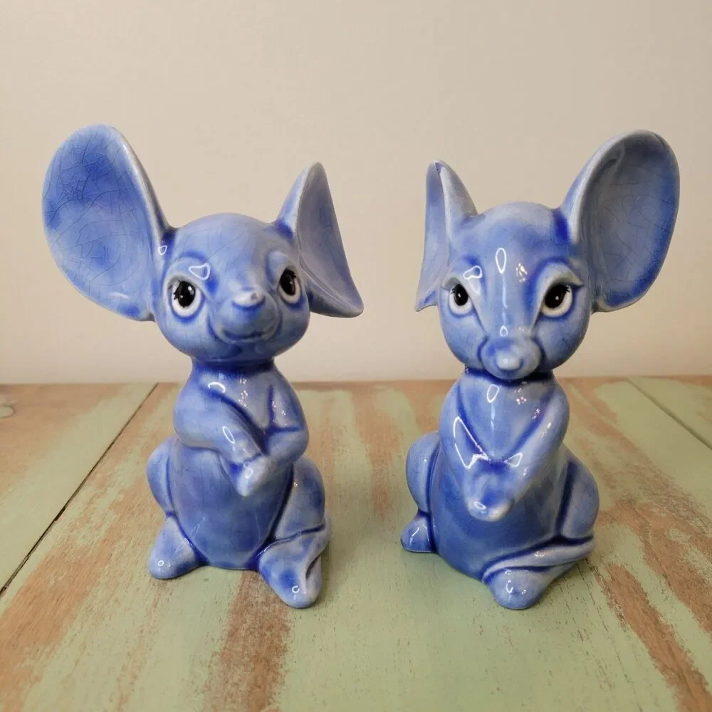 Blue Mouse Ceramic Figurine Pair